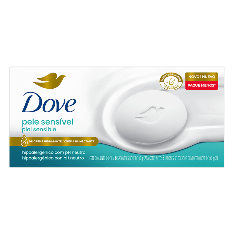 Sabonete Dove Pele Sensvel Hipoalergnico com ph neutro 90g com 06un Leve Mais Pague Menos