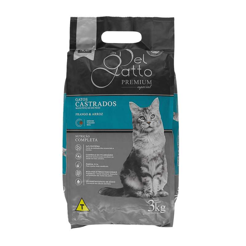Alimento para Gatos Del Gatto Gatos Castrados Frango e Arroz 3kg