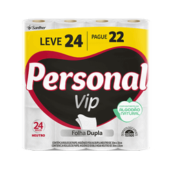 Papel Higiênico Personal Vip Neutro Compacto Folha Dupla 30m Leve 24 Rolos, Pague 22 Rolos