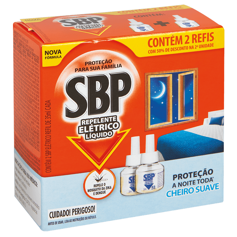 Repelente SBP 45 Noites Eltrico Lquido Cheiro Suave com 02un 50 de Desconto no Segundo Refil