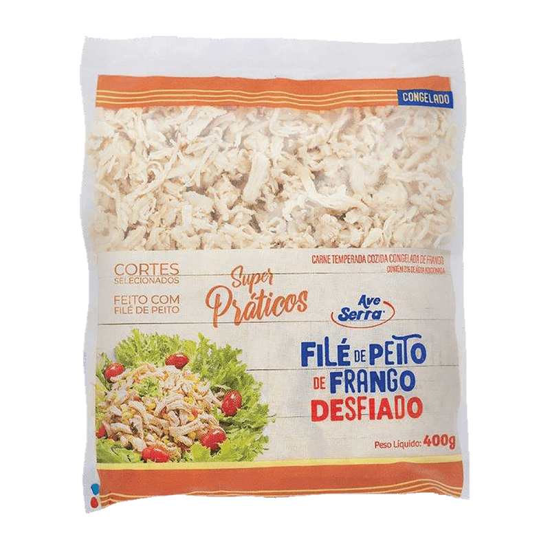 Fil de Peito de Frango Ave Serra Desfiado Temperado Congelado IQF Pacote 400g