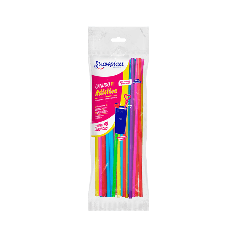 Canudo de Plstico Strawplast Artstico Sanfonado Longo Colorido com 40un